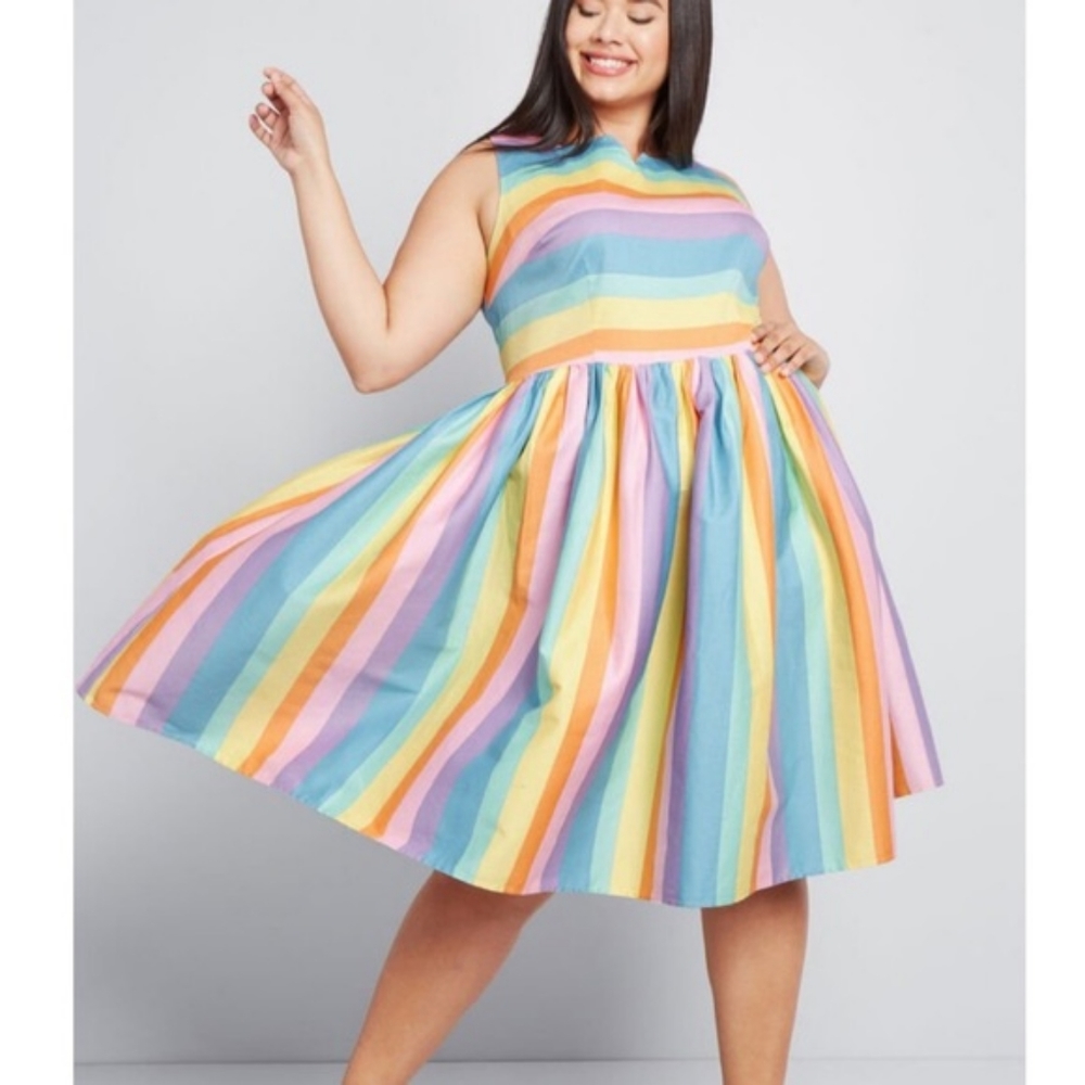 Collectif x Modcloth - Pastel Rainbow Pin-up Dress UK 30